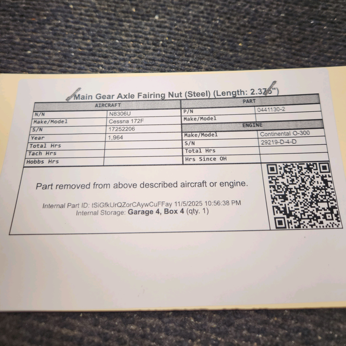 Used aircraft parts for sale, 0441130-2 Cessna 172F Main Gear Axle Fairing Nut (Steel) (Length: 2.375")