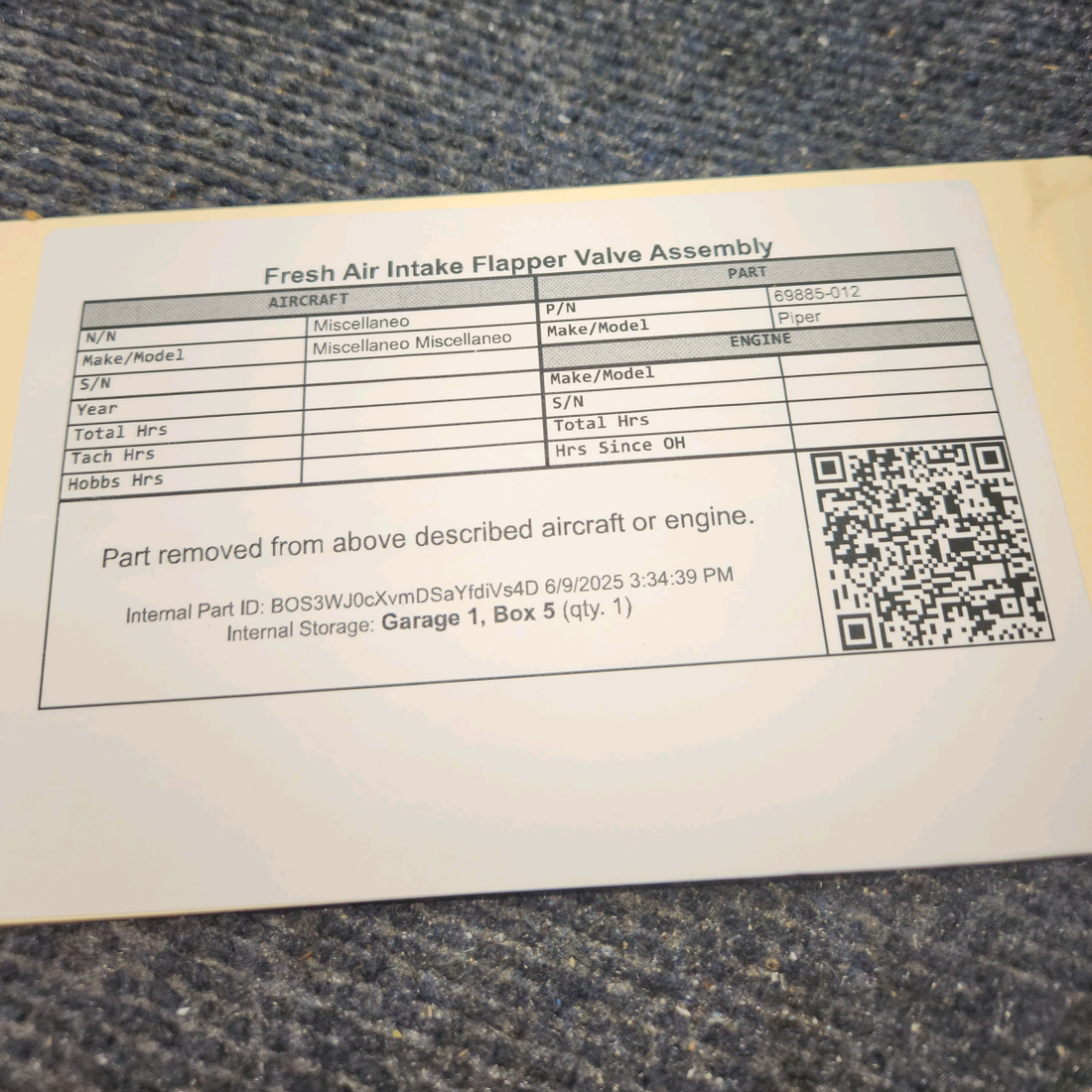 Used aircraft parts for sale, 69885-012 Piper Fresh Air Intake w Flapper Valve Assembly