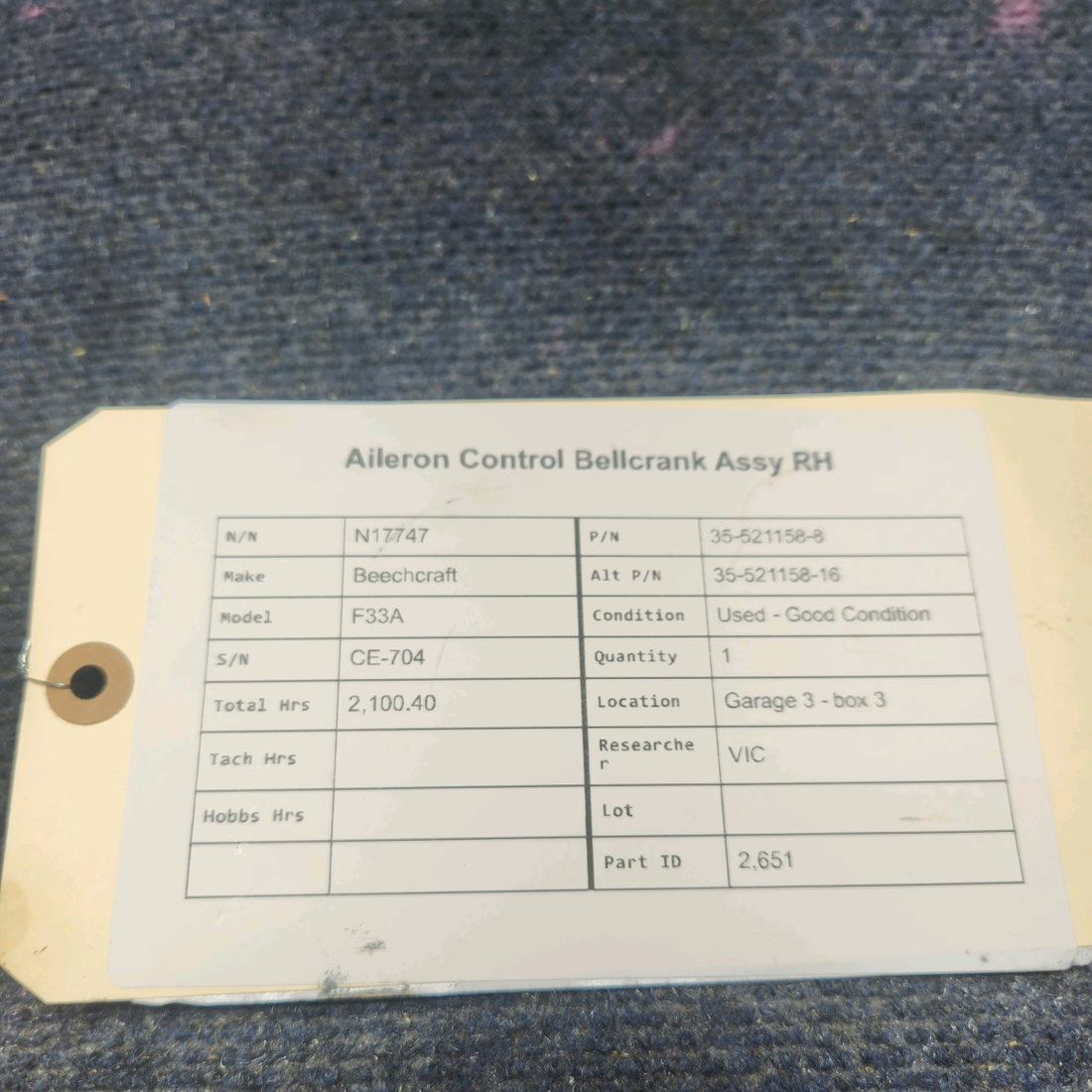 Used aircraft parts for sale, 35-521158-8 Beechcraft F33A AILERON CONTROL BELLCRANK ASSY RH