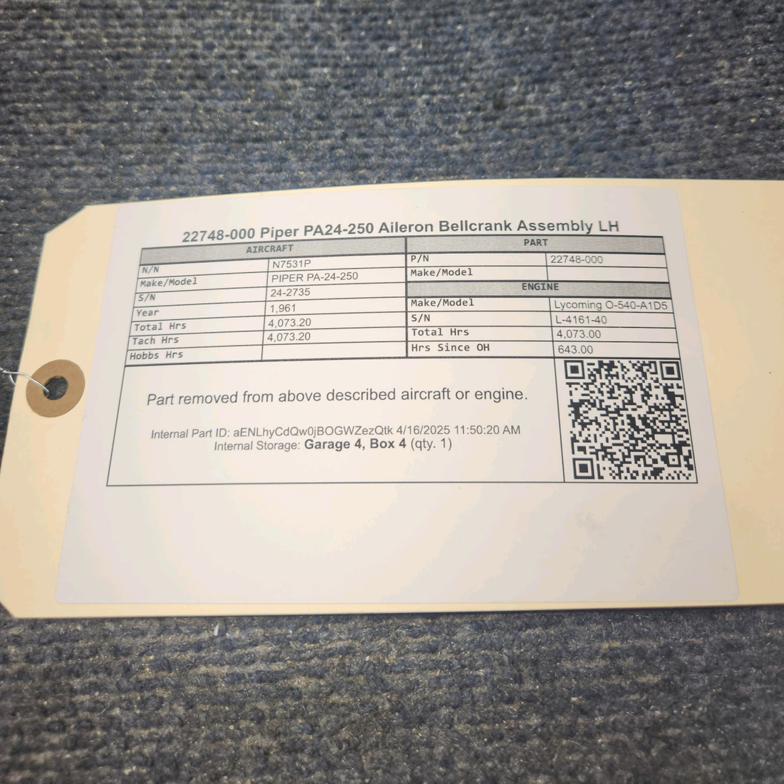 Used aircraft parts for sale, 22748-000 PIPER PA-24-250 Aileron Bellcrank Assembly LH