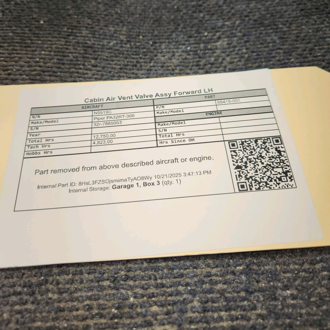 Used aircraft parts for sale, 68416-001 Piper PA32RT-300 Forward Cabin Air Vent Valve Assembly - LH