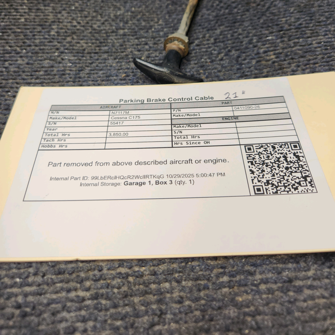 Used aircraft parts for sale, 0411090-26 Cessna C175 Parking Brake Control Cable 21"