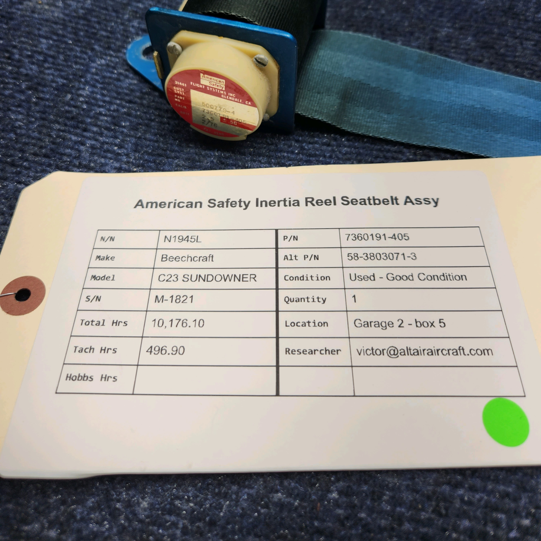 Used aircraft parts for sale, 7360191-405 America Safety Beechcraft C23 SUNDOWNER INERTIA REEL SEATBELT ASSY