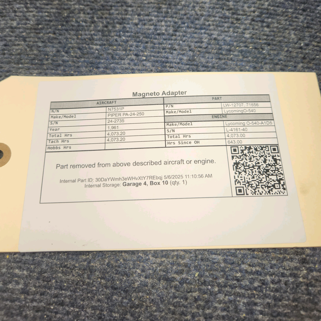 Used aircraft parts for sale, LW-12707 Lycoming O-540 PIPER PA-24-250 Magneto Adapter