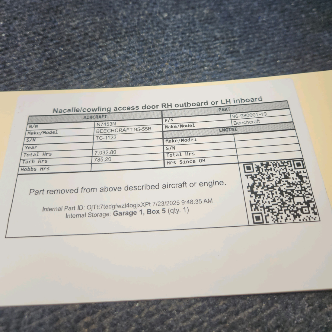 Used aircraft parts for sale, 96‑980001‑19 BEECHCRAFT 95-55B Nacelle/Cowling Access Door - RH outboard or LH inboard