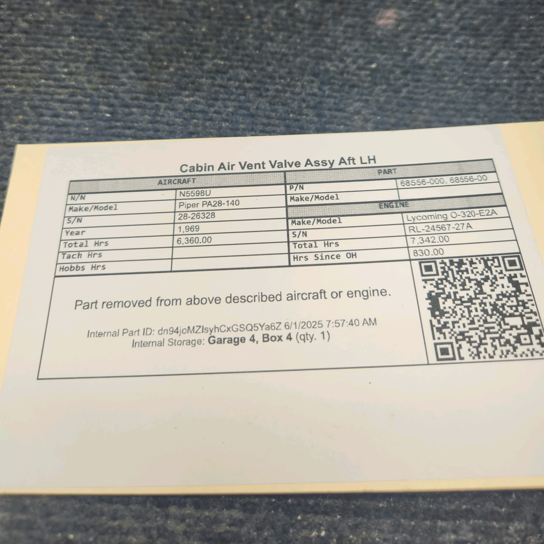 Used aircraft parts for sale, 68556-000 Piper PA28-140 Cabin Air Vent Valve Assy Aft LH