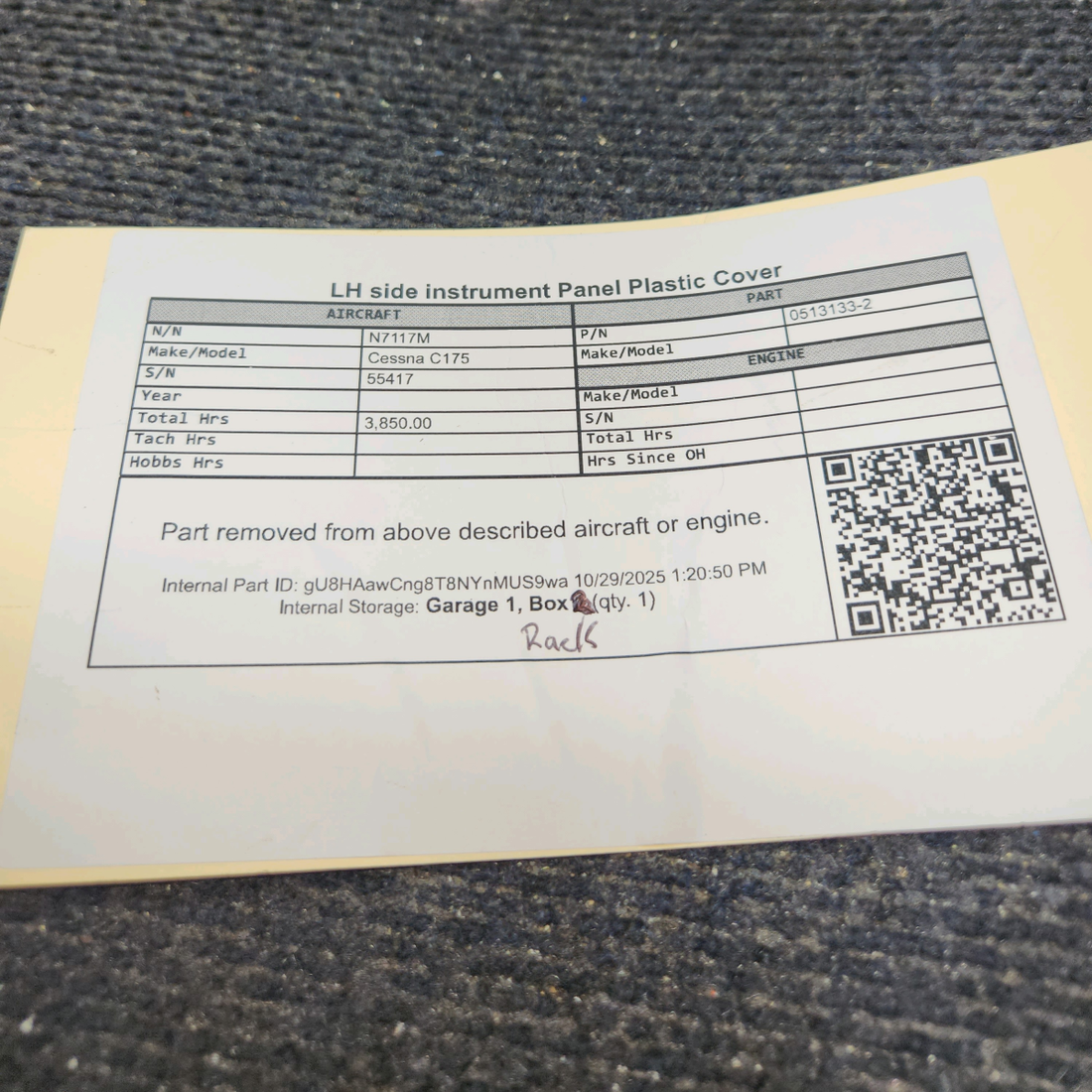 Used aircraft parts for sale, 0513133-2 Cessna C175 Instrument Panel Plastic Cover - LH