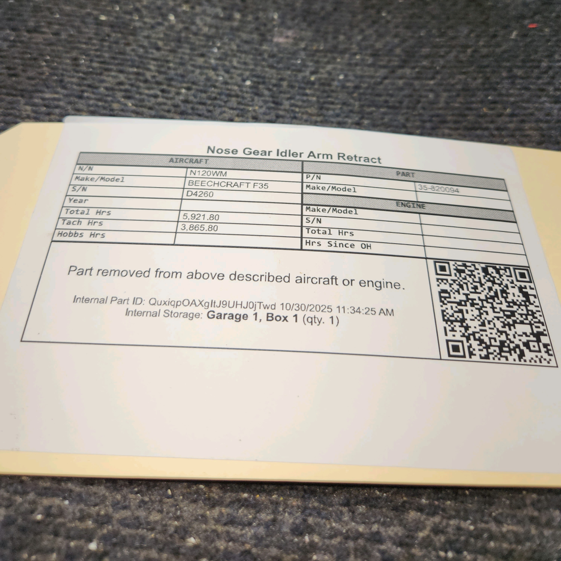 Used aircraft parts for sale, 35-820094 BEECHCRAFT F35 Nose Gear Retraction Idler Arm