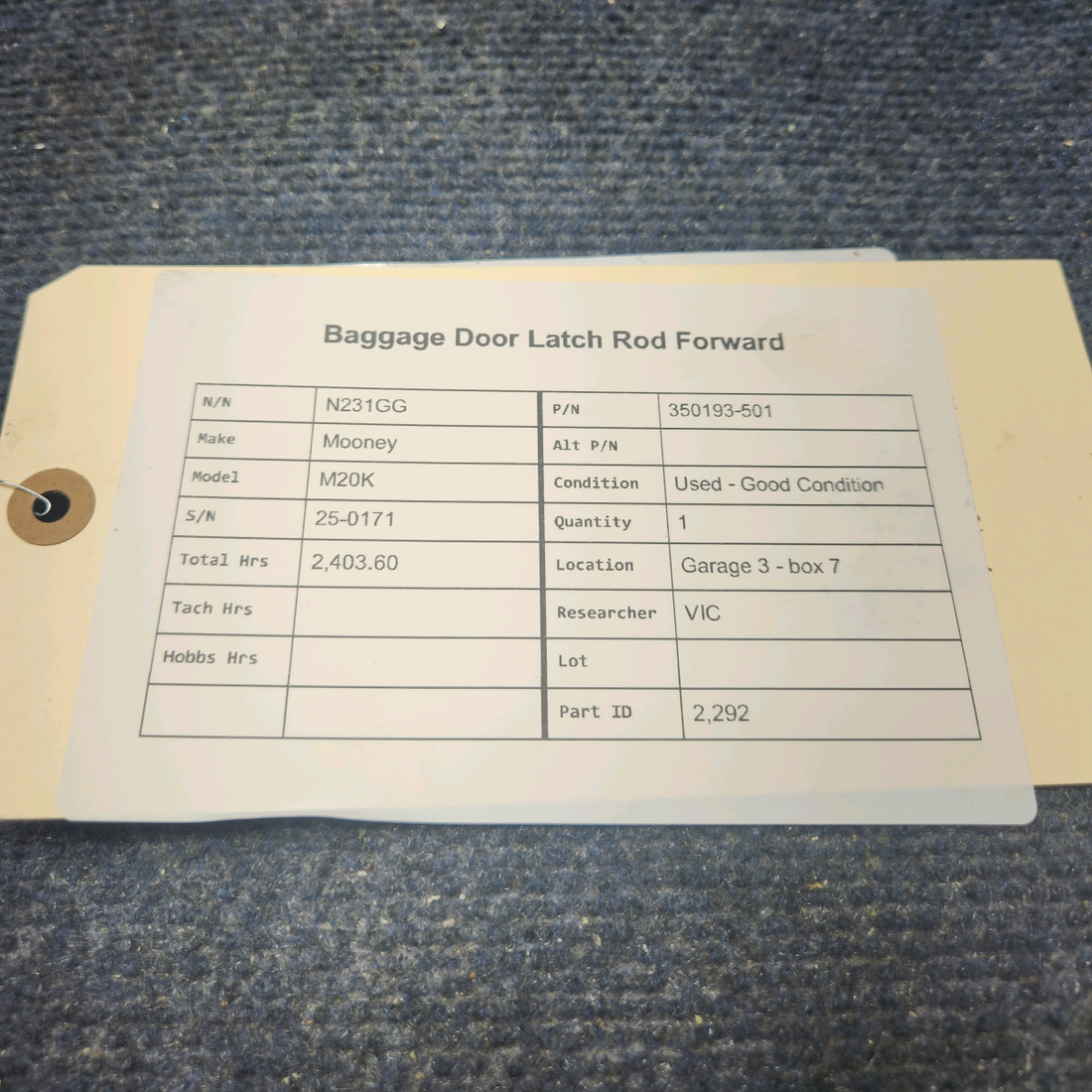 Used aircraft parts for sale, 350193-501 Mooney M20K BAGGAGE DOOR LATCH ROD FORWARD