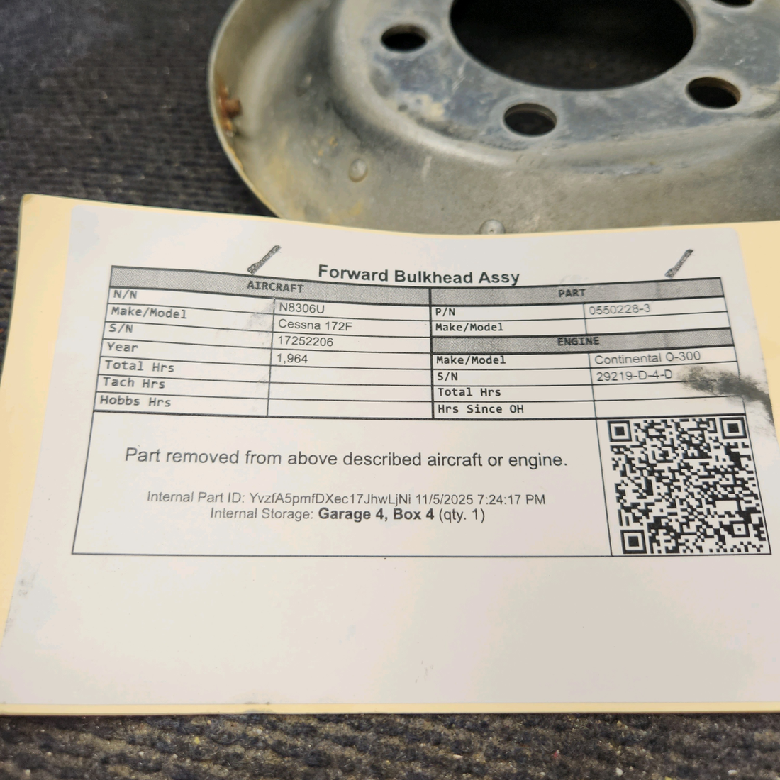 Used aircraft parts for sale, 0550228-3 Cessna 172F Forward Bulkhead Assy