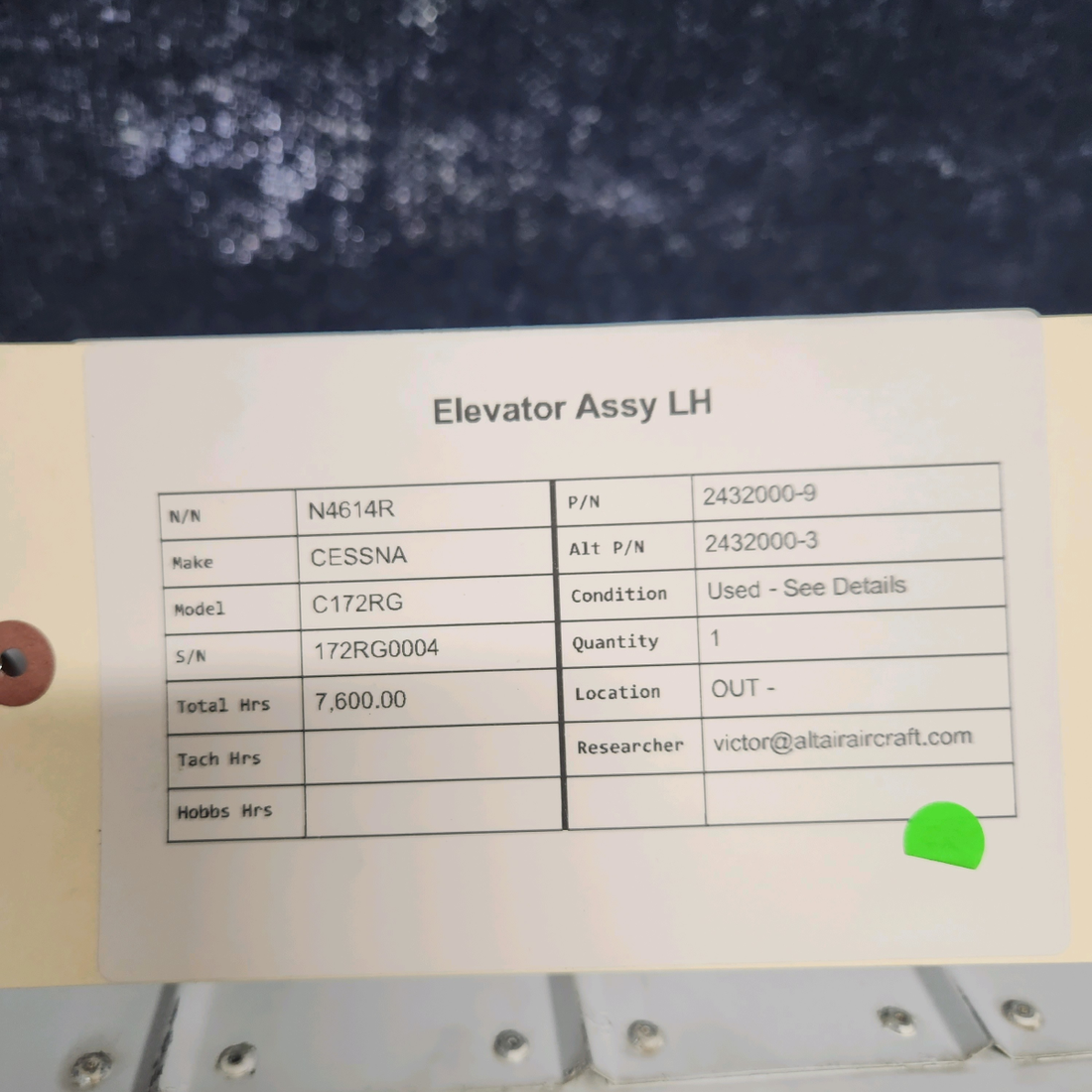 Used aircraft parts for sale, 2432000-9 CESSNA C172RG ELEVATOR ASSY  LH