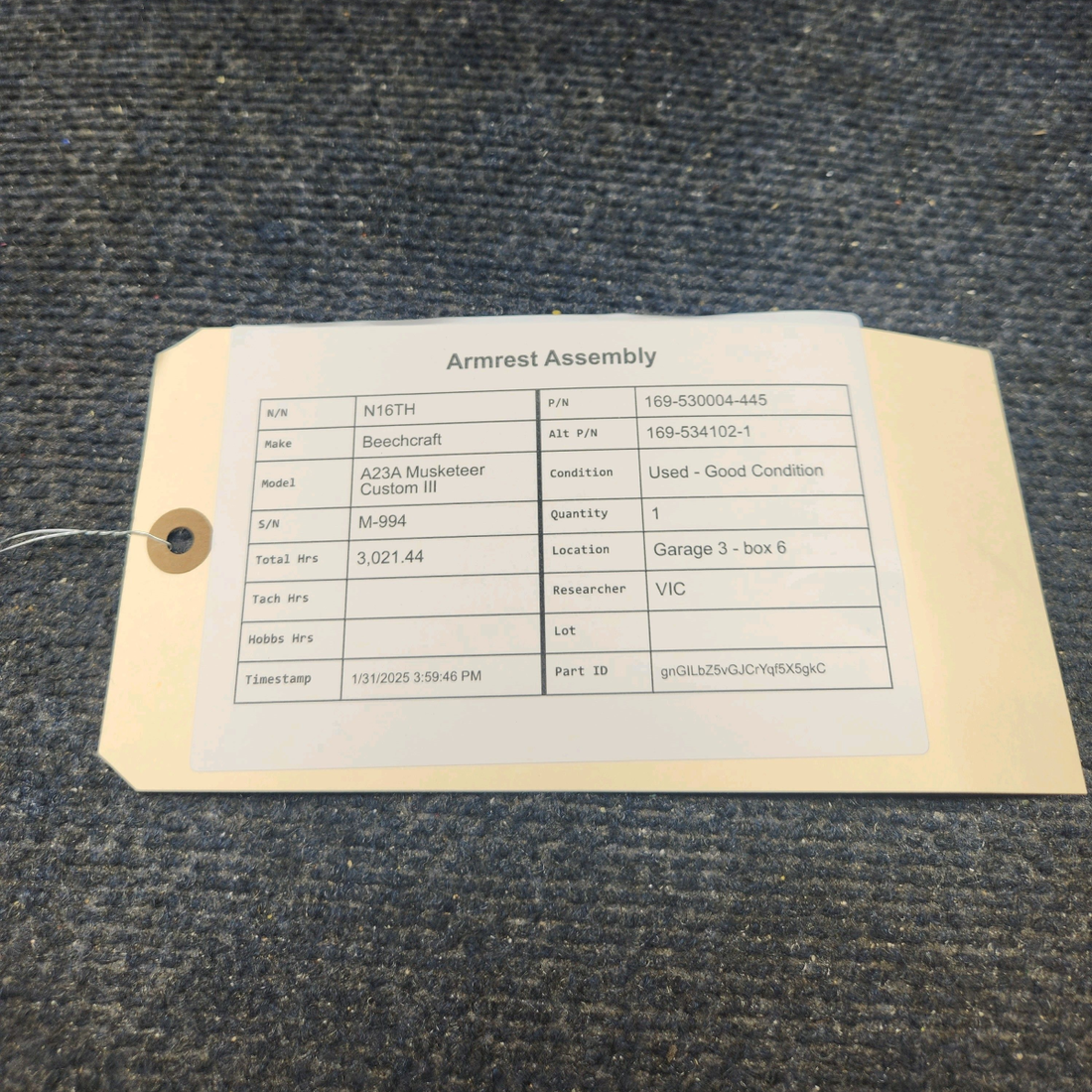 Used aircraft parts for sale, 169-530004-445 Beechcraft A23A Musketeer Custom III ARMREST ASSEMBLY