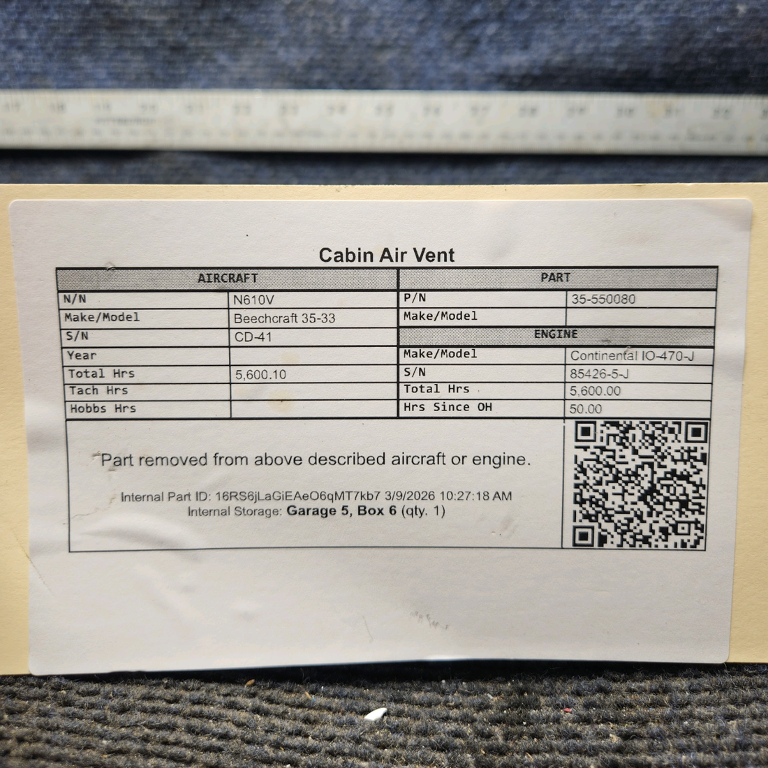 Used aircraft parts for sale, 35-550080 Beechcraft 35-33 Cabin Air Vent
