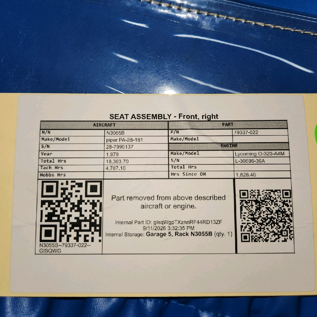 Used aircraft parts for sale, 79337-022 piper PA-28-181 Front Co-Pilot Seat Assembly – RH