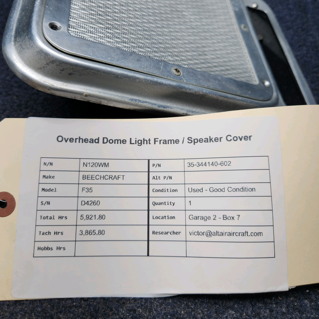 Used aircraft parts for sale, 35-344140-602 BEECHCRAFT F35 OVERHEAD DOME LIGHT FRAME / SPEAKER COVER