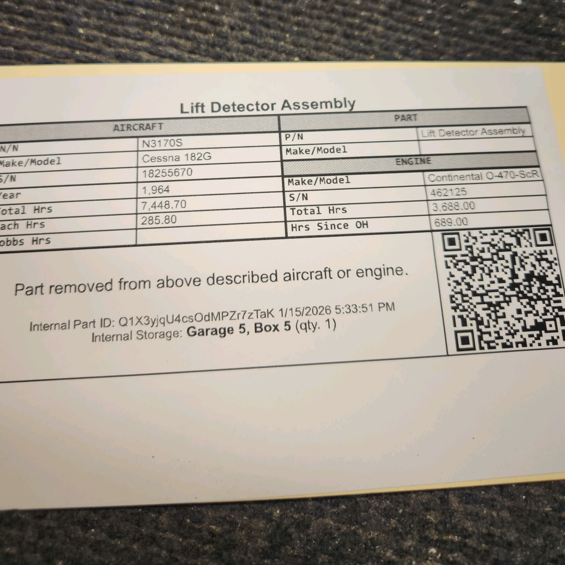 Used aircraft parts for sale, 150 Safe Flight Instruments Cessna 182G Lift Detector Assembly