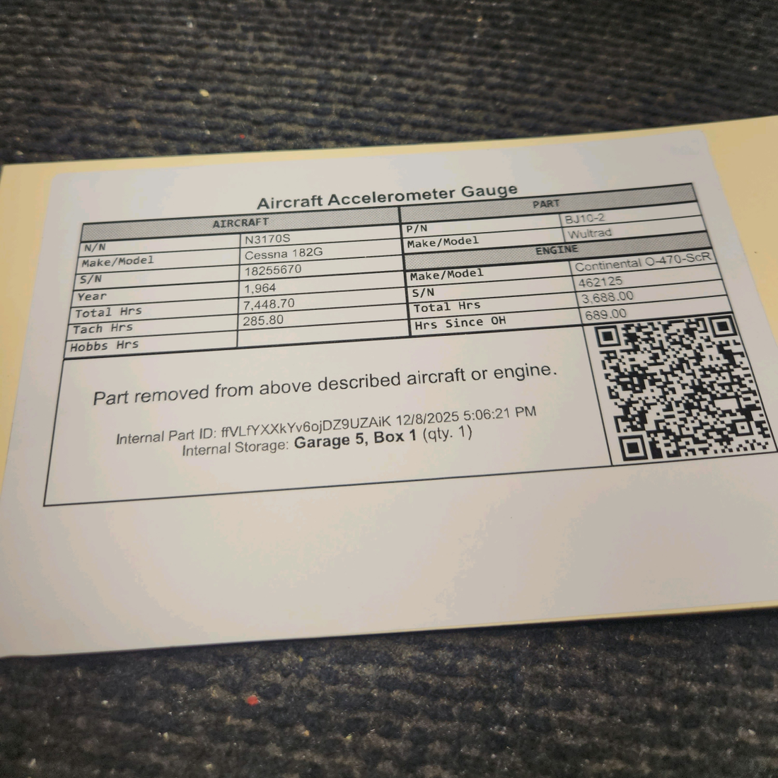 Used aircraft parts for sale, BJ10-2 Wultrad Cessna 182G Aircraft Accelerometer Gauge