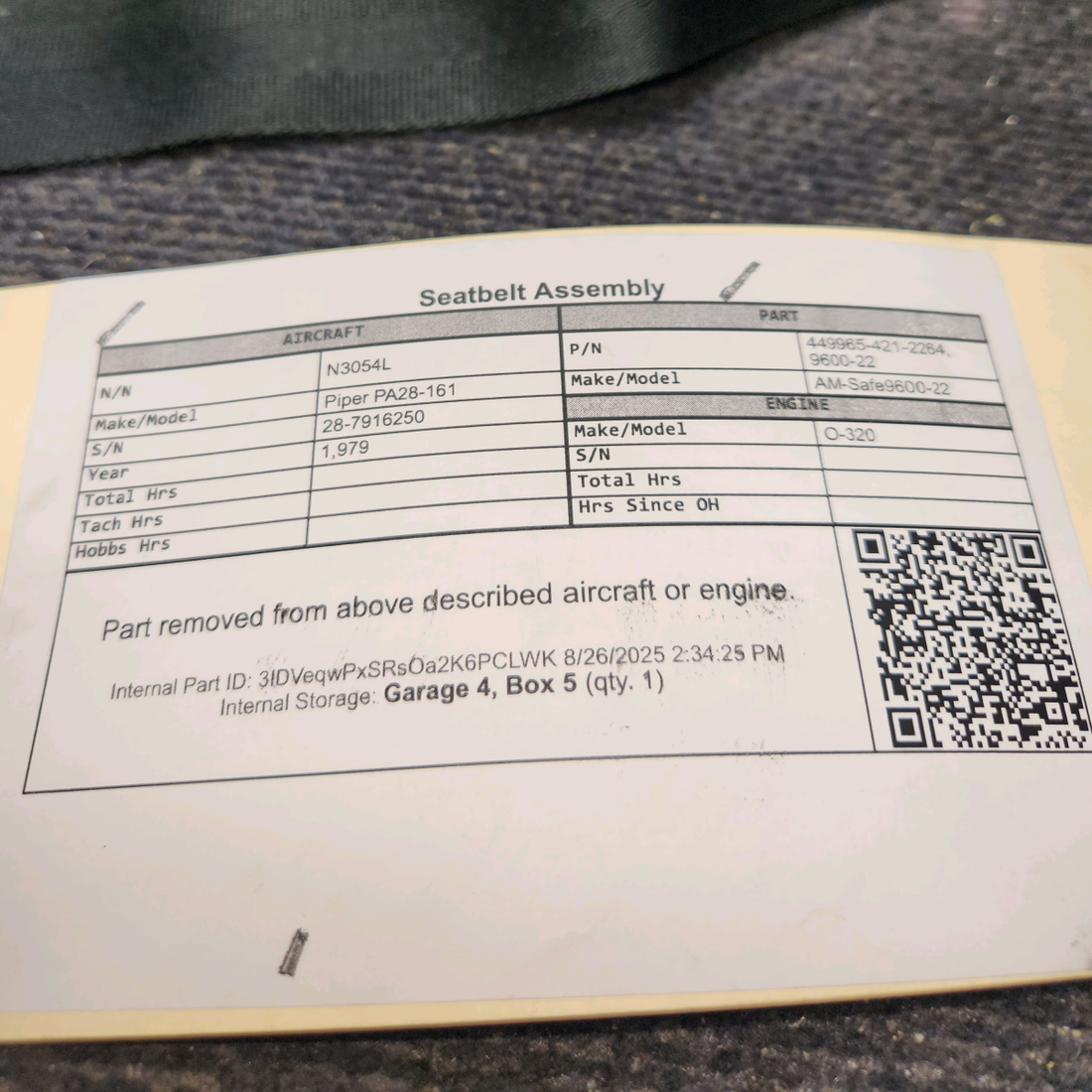 Used aircraft parts for sale, 449965-421-2264 AM-Safe 9600-22 Piper PA28-161 Seatbelt Assembly