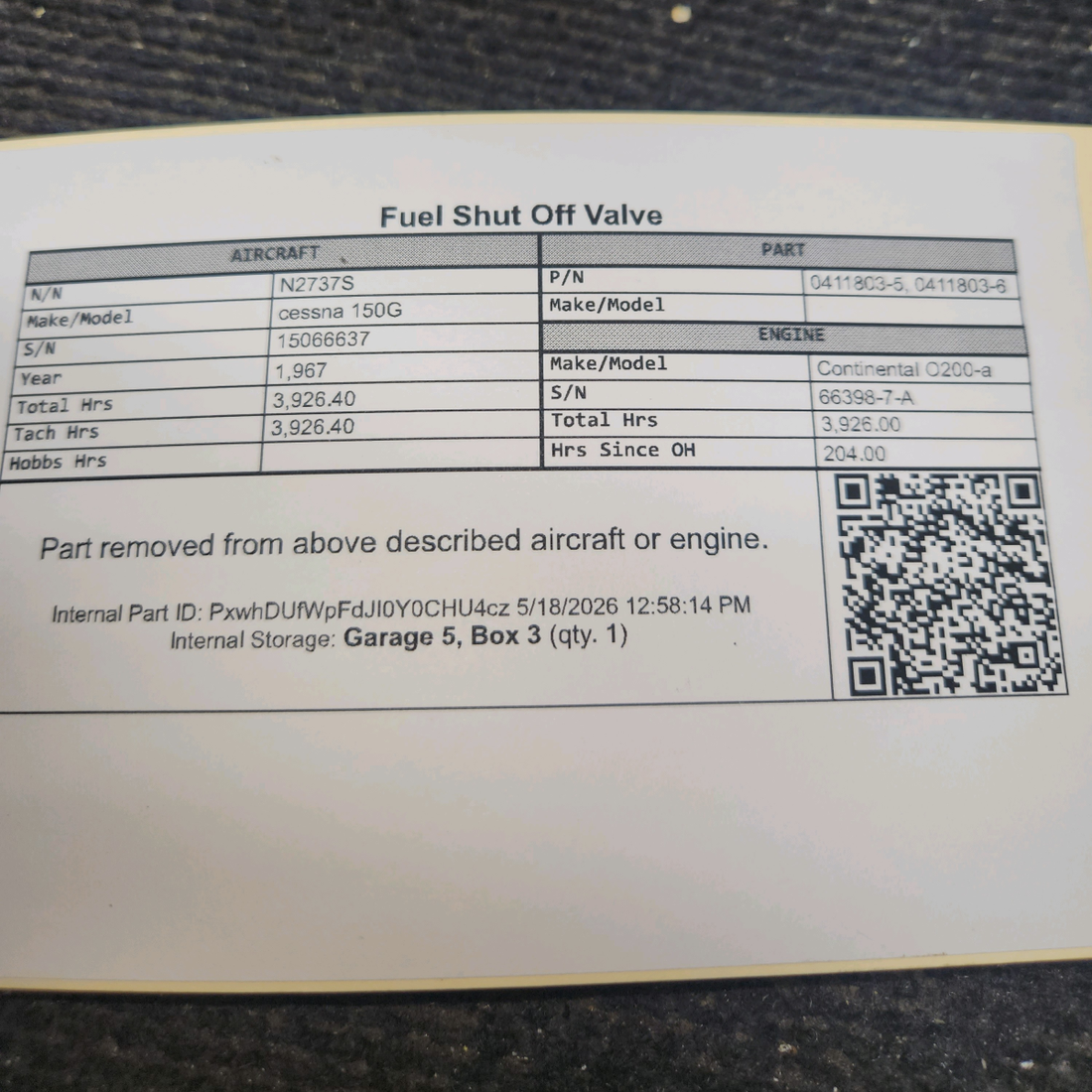 Used aircraft parts for sale, 0411803-5 cessna 150G Fuel Shutoff Valve