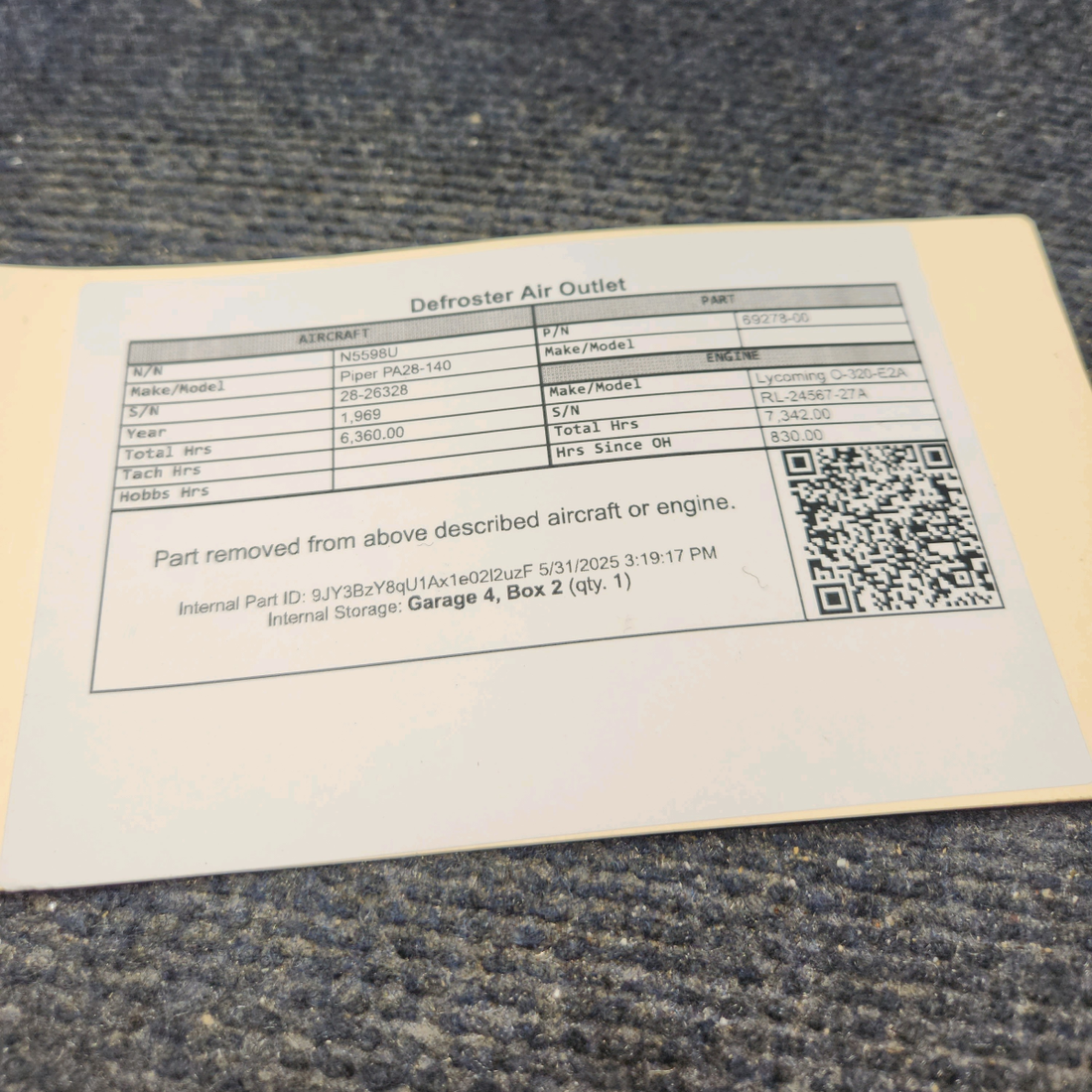 Used aircraft parts for sale, 69278-00 Piper PA28-140 Defroster Air Outlet