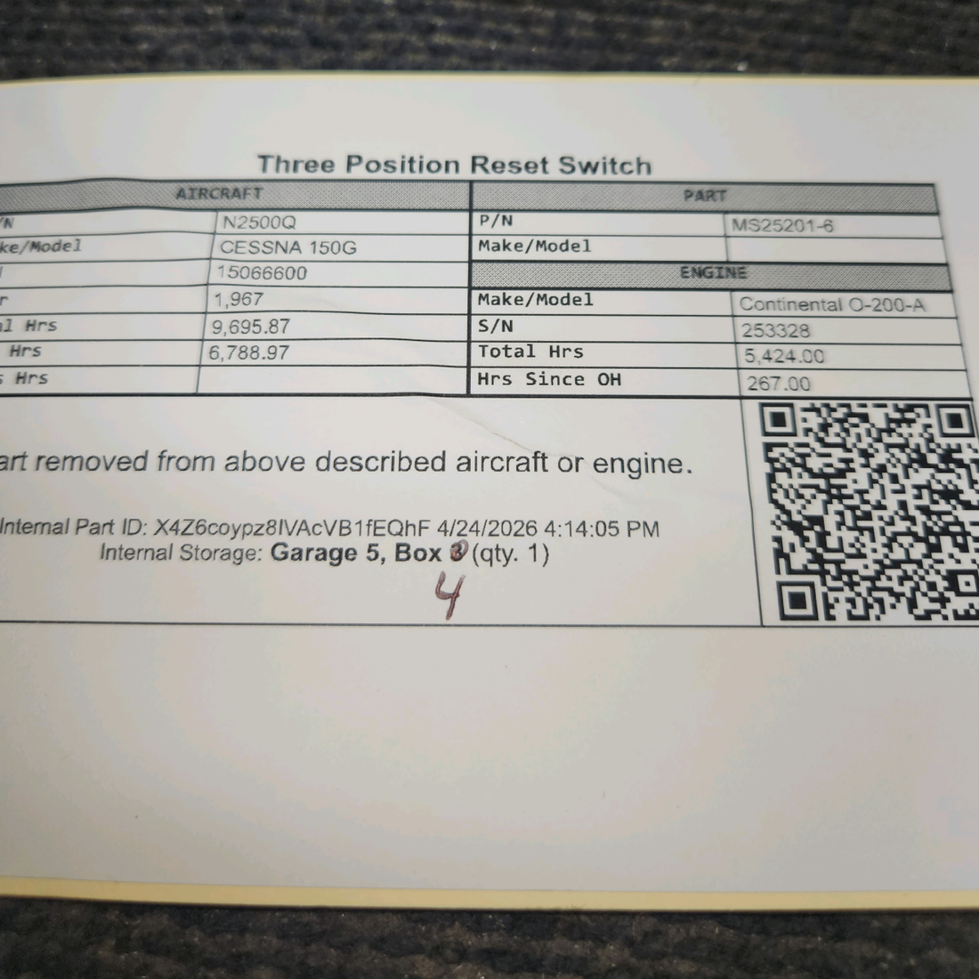 Used aircraft parts for sale, MS25201-6 cessna 150G Three-Position Reset Switch