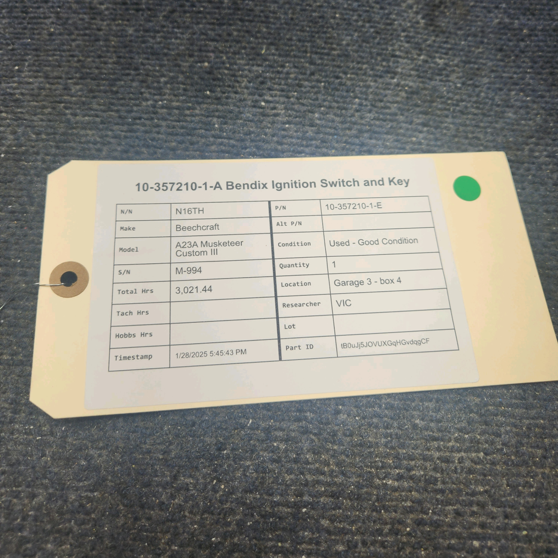 Used aircraft parts for sale, 10-357210-1-E Bendix Beechcraft A23A Musketeer Custom III IGNITION SWITCH AND KEY