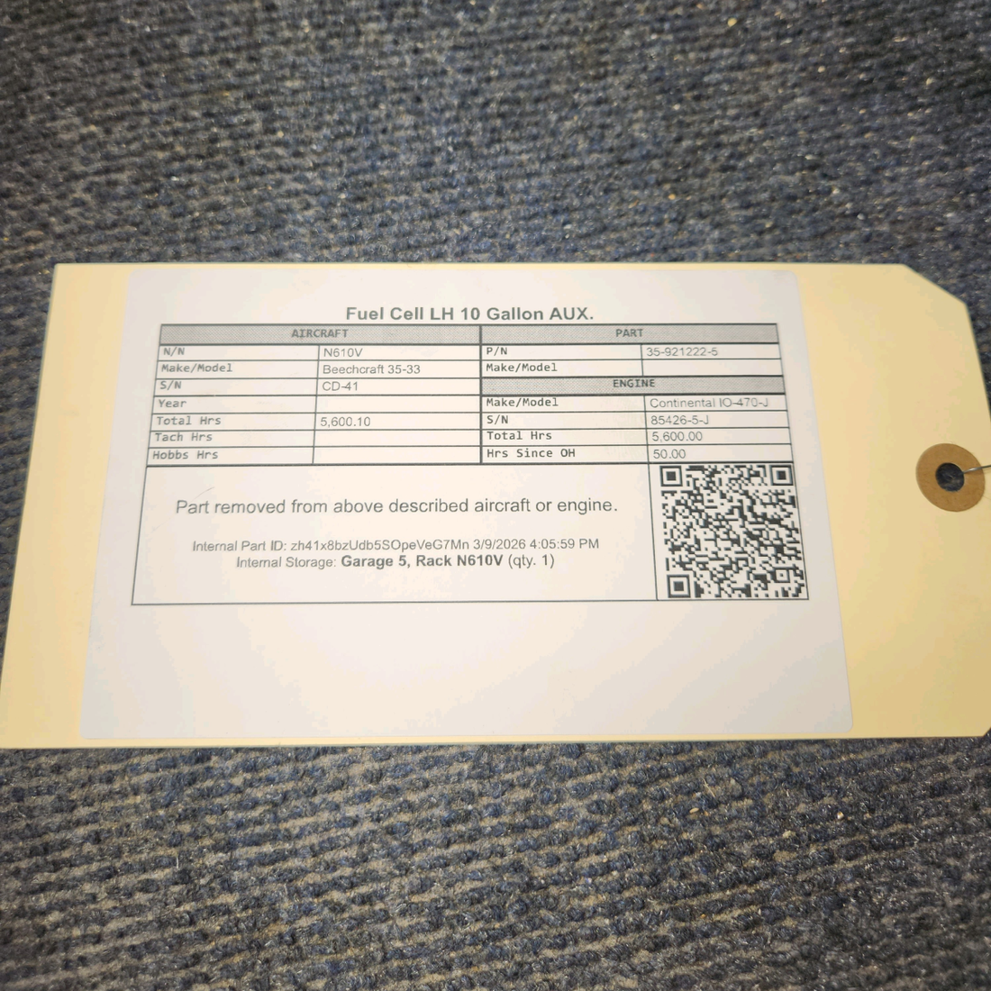 Used aircraft parts for sale, 35-921222-5 Beechcraft 35-33 10 Gallon Auxiliary Fuel Cell - LH