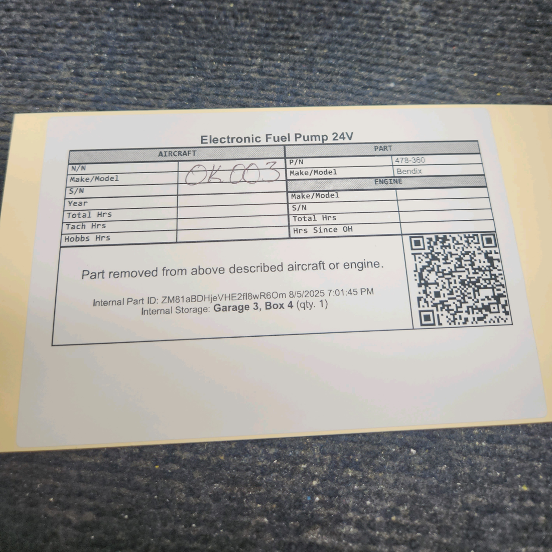 Used aircraft parts for sale, 478-360 Bendix Electronic Fuel Pump 24V