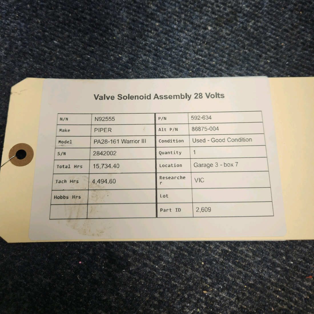 Used aircraft parts for sale, 592-634 PIPER PA28-161 Warrior III VALVE SOLENOID ASSEMBLY 28 VOLTS