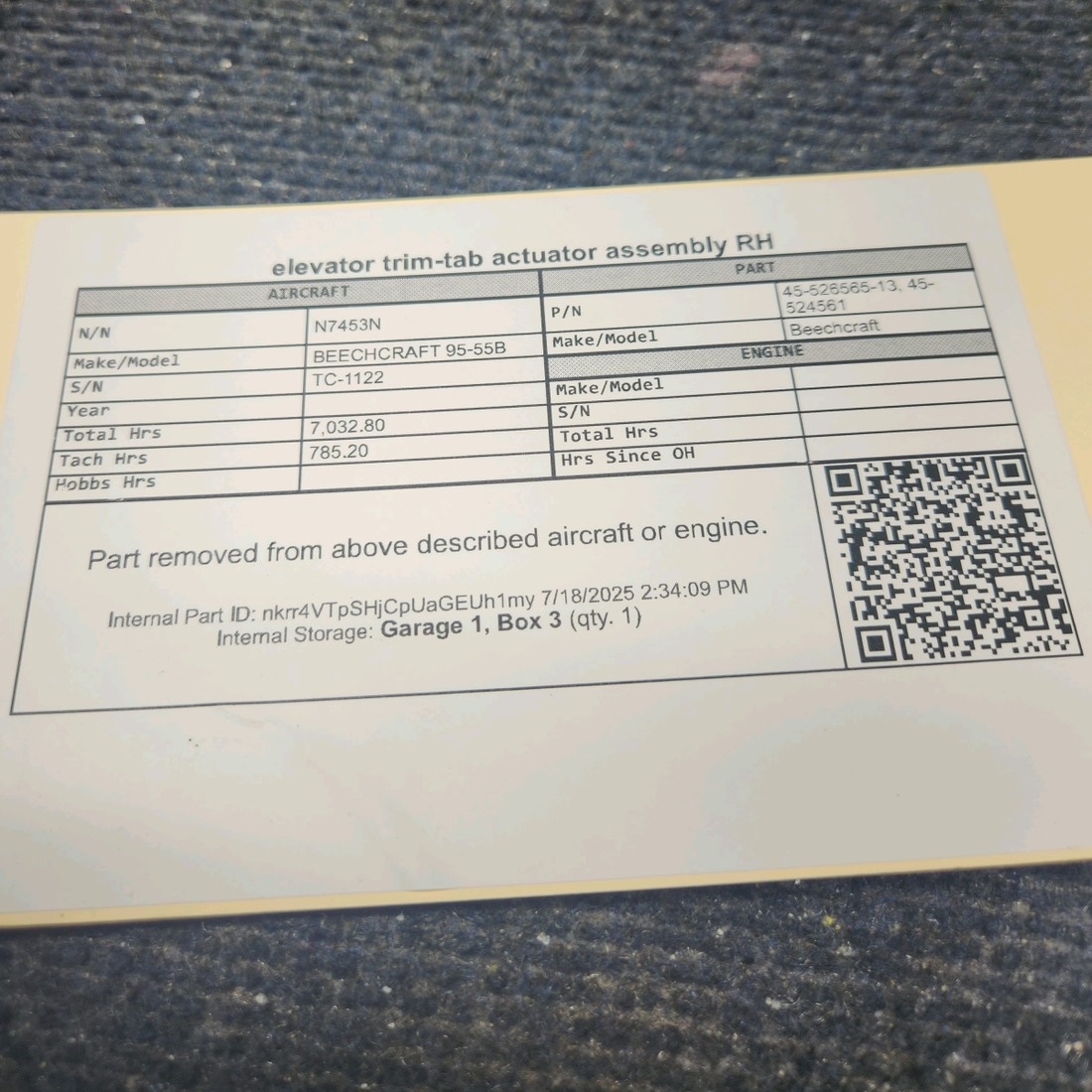 Used aircraft parts for sale, 45-526565-13 BEECHCRAFT 95-55B Elevator Trim Tab Actuator Assembly - RH