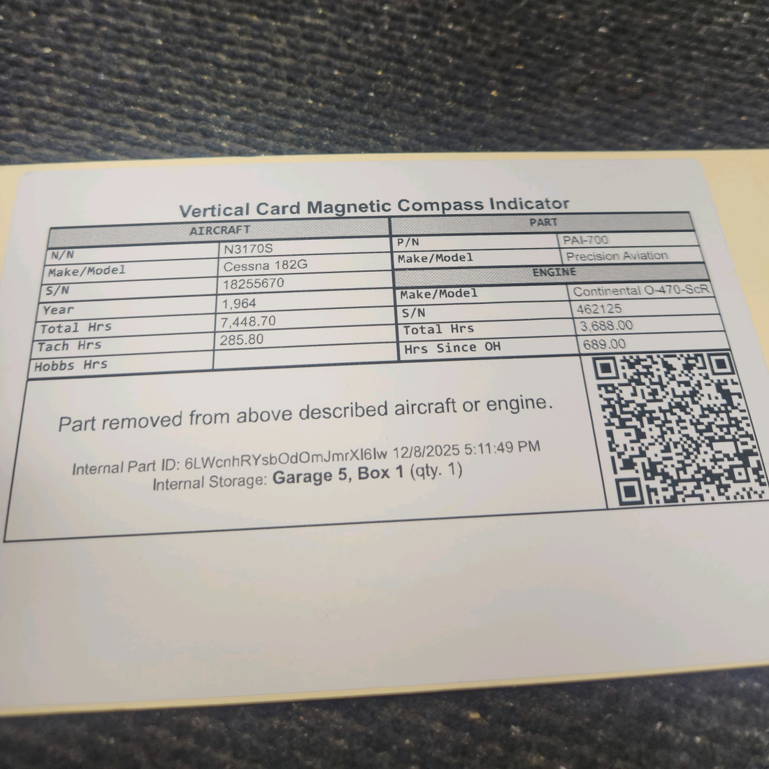 Used aircraft parts for sale, PAI-700 Precision Aviation PAI-700 Cessna 182G Vertical Card Magnetic Compass Indicator