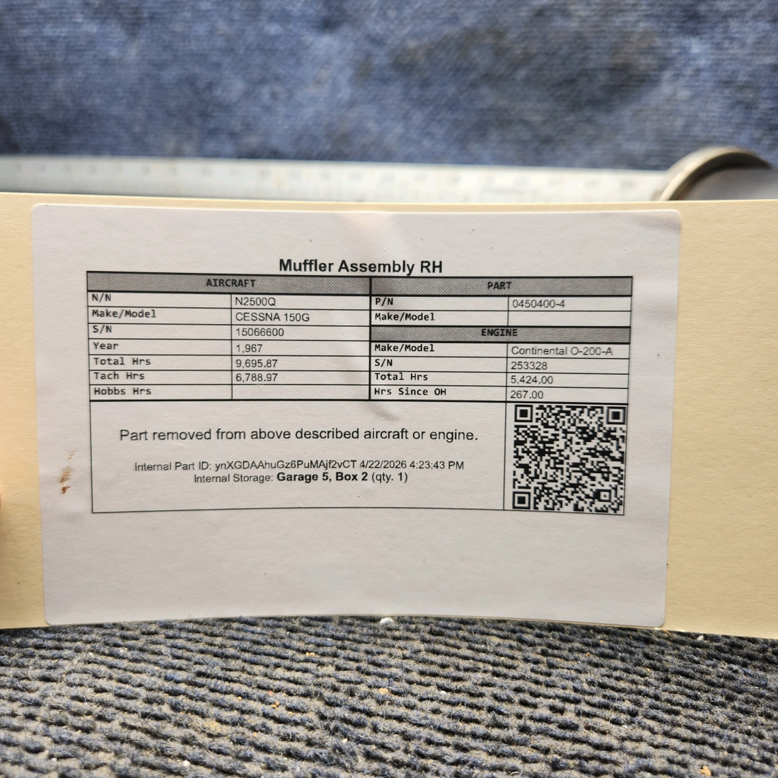 Used aircraft parts for sale, 0450400-4 cessna 150G Muffler Assembly - RH