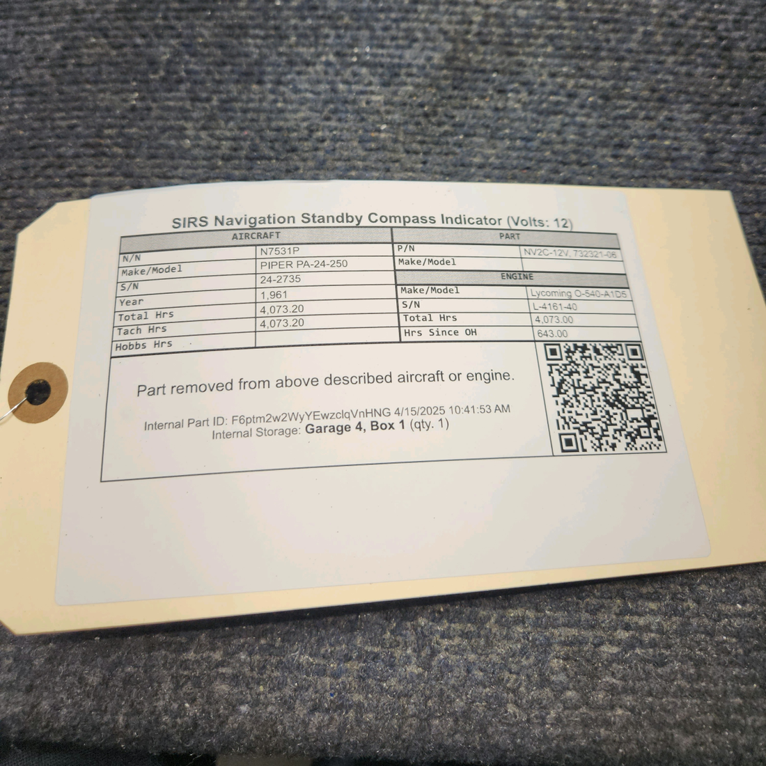 Used aircraft parts for sale, NV2C-12V SIRS Navigation PIPER PA-24-250 Standby Compass Indicator (Volts: 12)