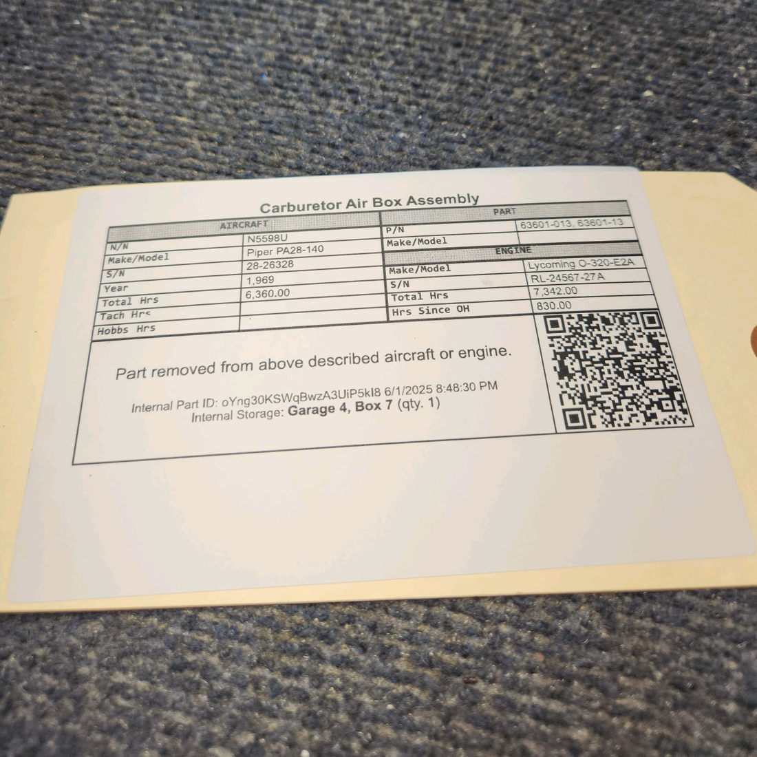 Used aircraft parts for sale, 63601-013 Piper PA28-140 Carburetor Air Box Assembly