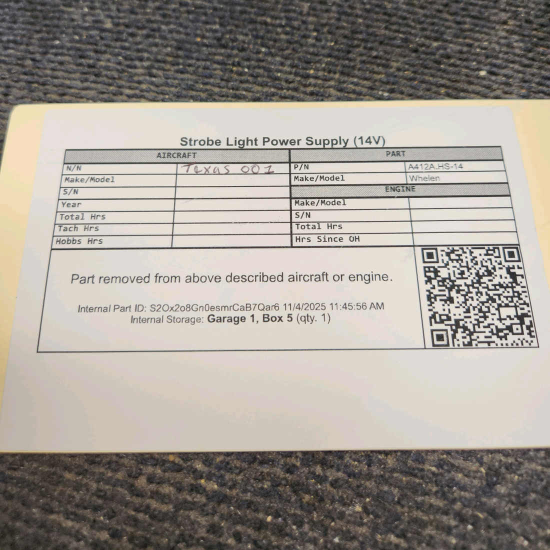 Used aircraft parts for sale, A412A.HS-14 Whelen A412A Strobe Light Power Supply (14V)