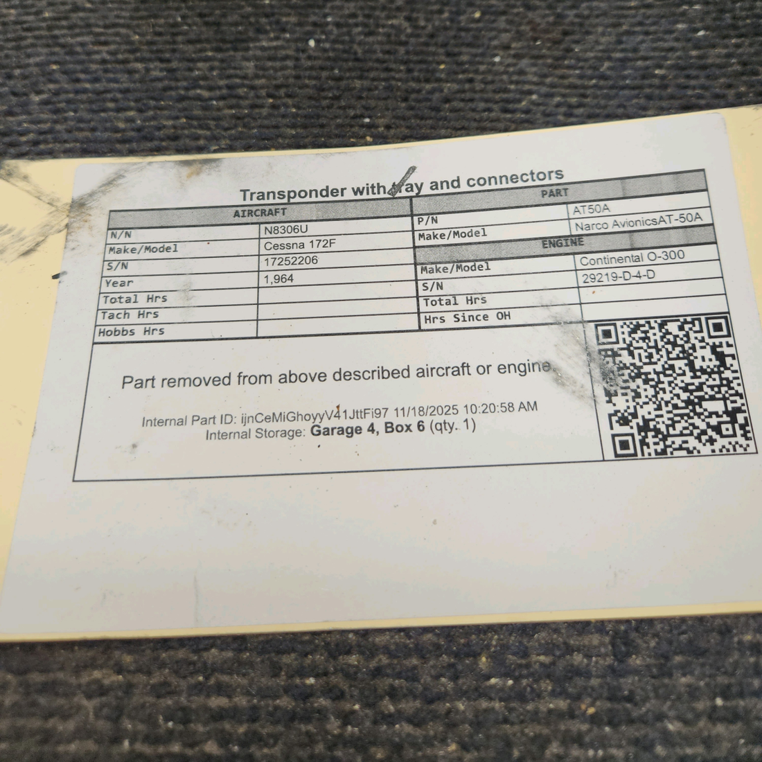 Used aircraft parts for sale, AT50A Narco Avionics AT-50A Cessna 172F Transponder with tray and connectors