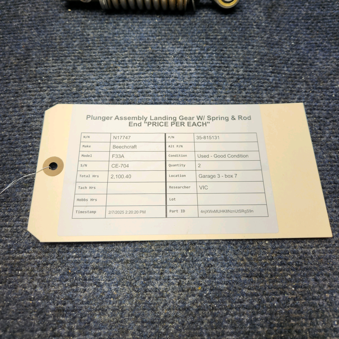 Used aircraft parts for sale, 35-815131 Beechcraft F33A PLUNGER ASSEMBLY LANDING GEAR W/ SPRING & ROD END "PRICE PER EACH"