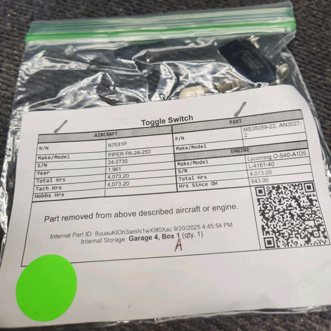 Used aircraft parts for sale, MS35059-22 PIPER PA-24-250 Toggle Switch