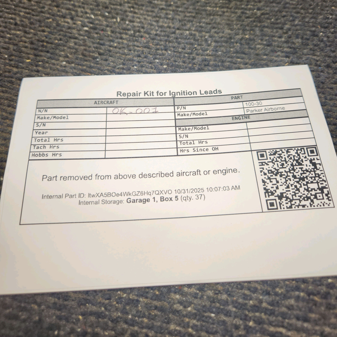 Used aircraft parts for sale, 100-30 Parker Airborne 100 Series Continental, Lycoming Repair Kit for Ignition Leads