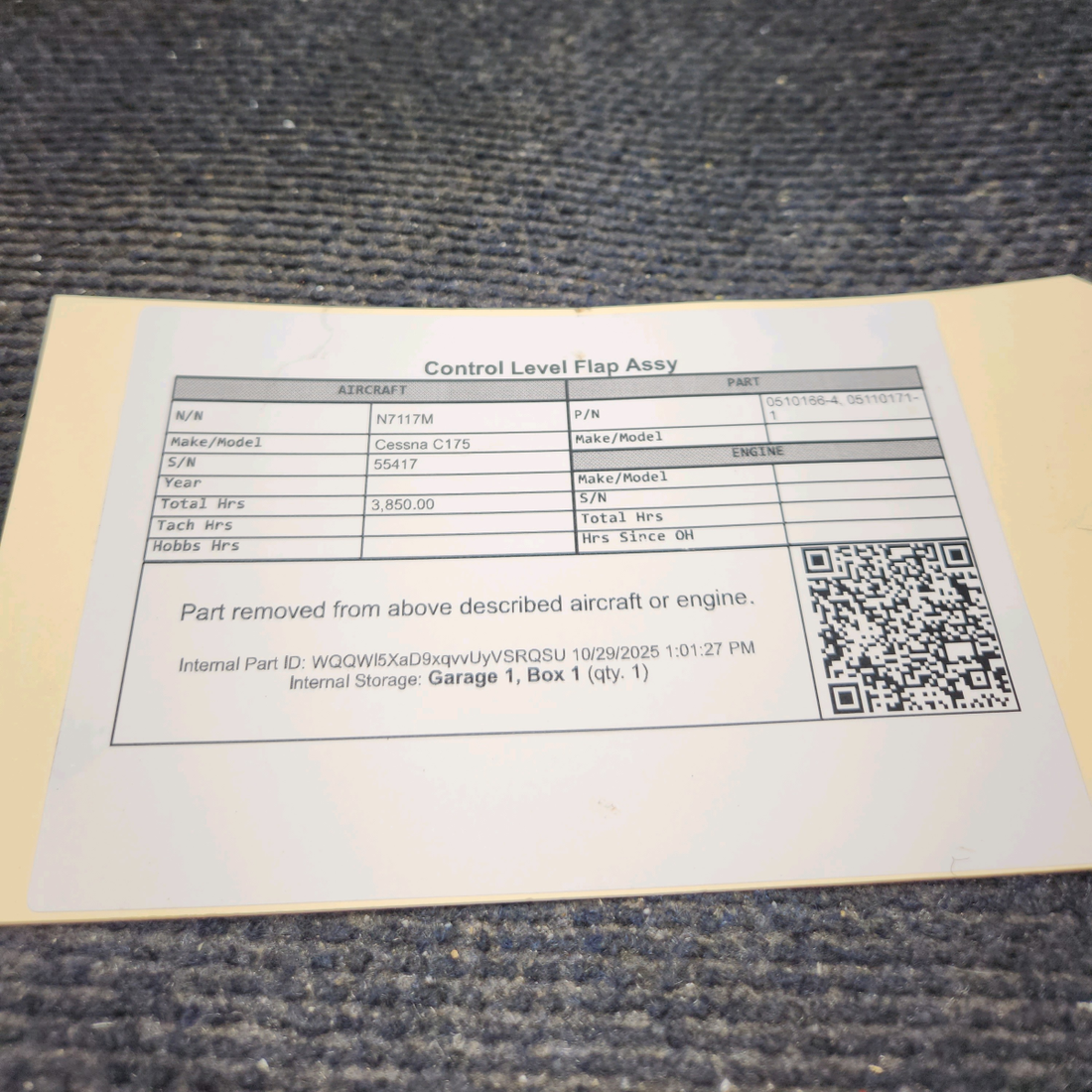 Used aircraft parts for sale, 0510166-4 Cessna C175 Control Level Flap Assy