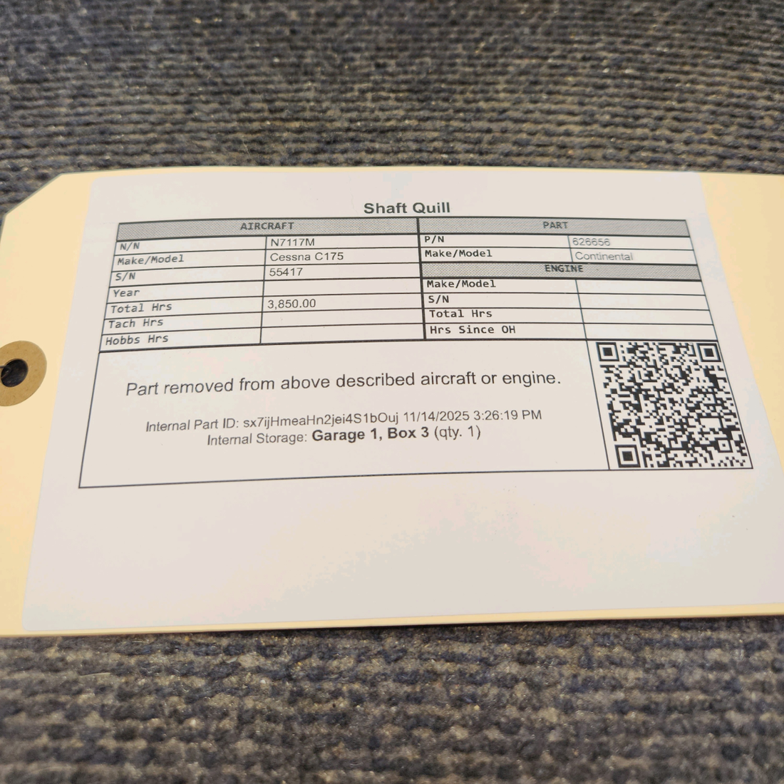 Used aircraft parts for sale, 626656 Continental GO-300 Cessna C175 Quill Shaft