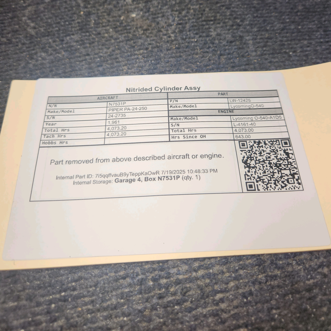 Used aircraft parts for sale, LW-12425 Lycoming O-540 PIPER PA-24-250 Nitrided Cylinder Assembly