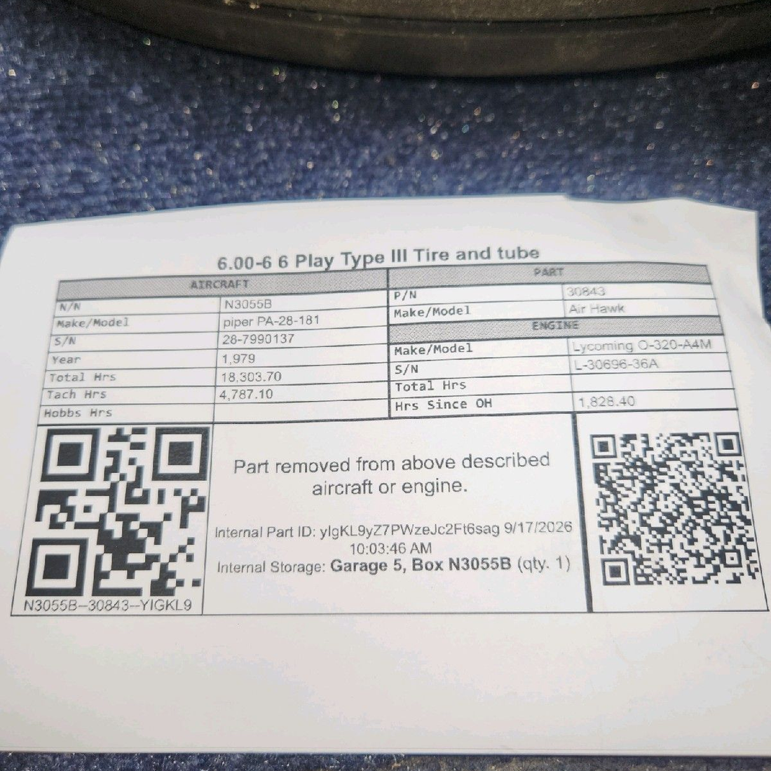 Used aircraft parts for sale, 30843 Air Hawk piper PA-28-181 6.00-6 4-Ply Type III Aircraft Tire with Tube