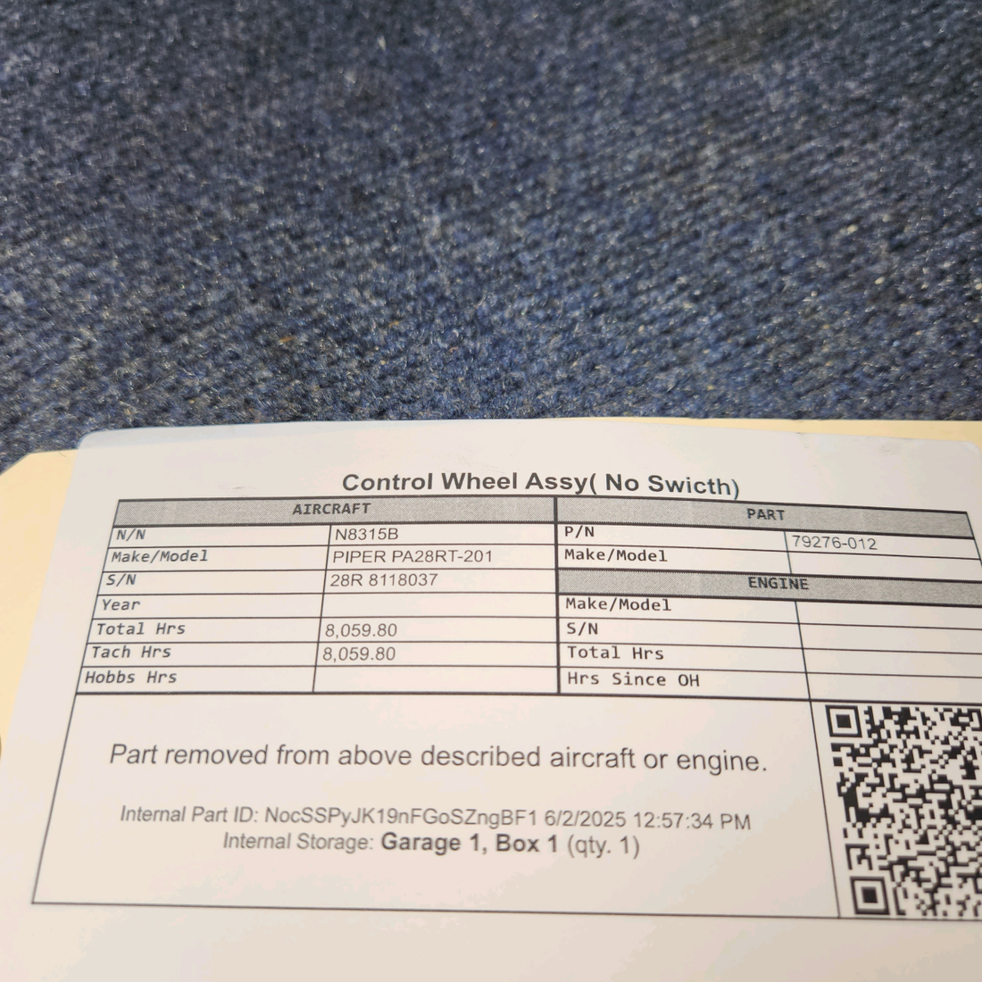 Used aircraft parts for sale, 79276-012 PIPER PA28RT-201 Control Wheel Assy (No Switch)