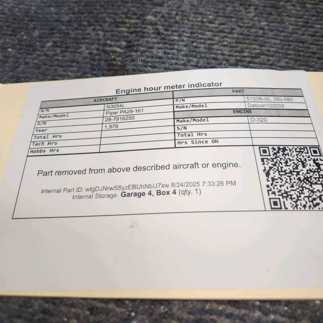 Used aircraft parts for sale, 51006-00 Datcon 102033 Piper PA28-161 Engine Hour Meter Indicator