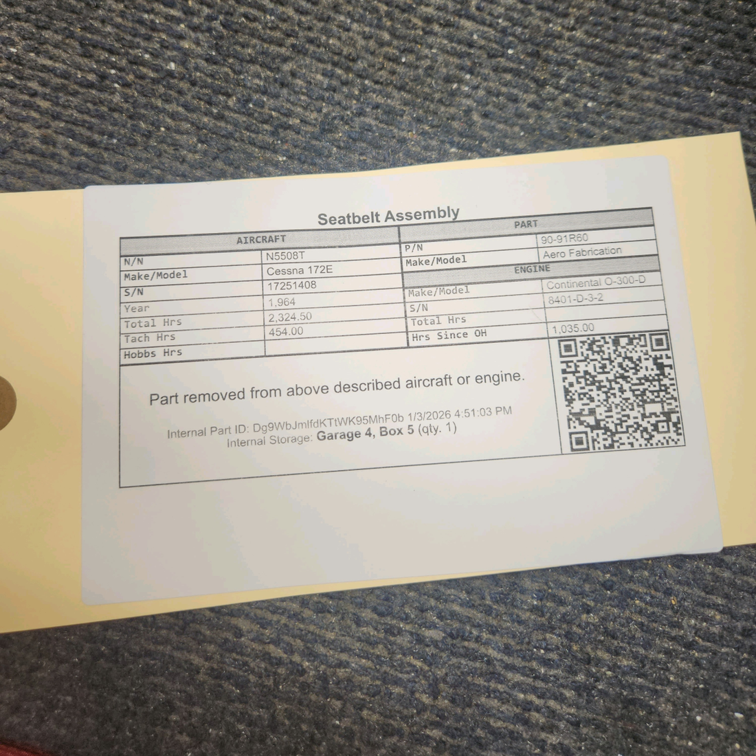 Used aircraft parts for sale, 90-91R60 Aero Fabrication Cessna 172E Seatbelt Assembly