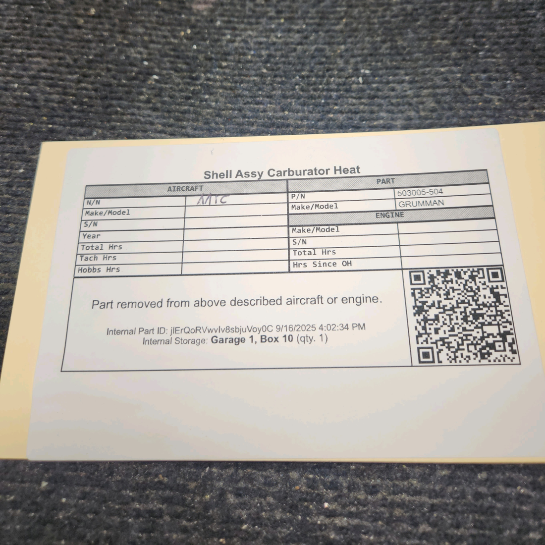 Used aircraft parts for sale, 503005-504 GRUMMAN Carburetor Heat Shell Assembly