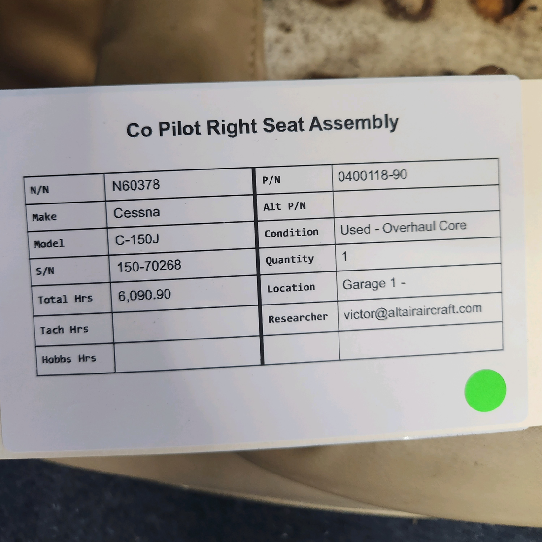 Used aircraft parts for sale, 0400118-90 Cessna C-150J CO PILOT RIGHT SEAT ASSEMBLY CORE