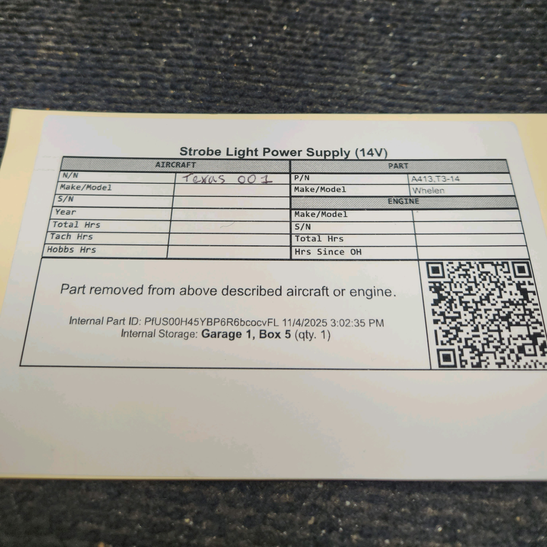 Used aircraft parts for sale, A413,T3-14 Whelen A413 Strobe Light Power Supply (14V)