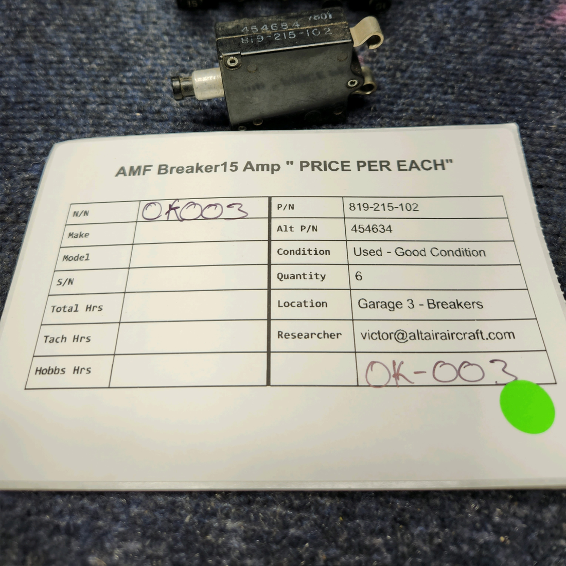 Used aircraft parts for sale, 819-215-102 Wood Electric Piper PA-28T AMF BREAKER15 AMP " PRICE PER EACH"